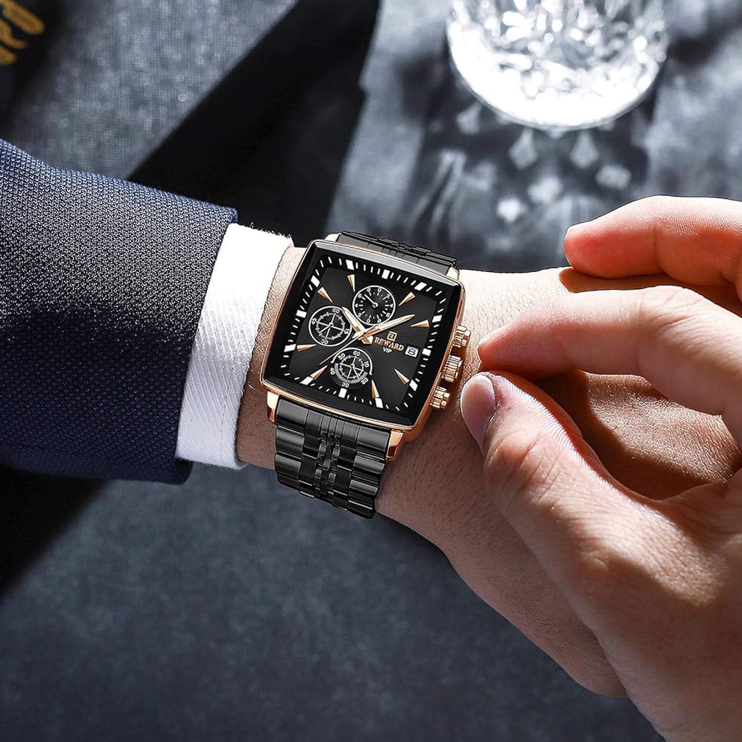 Reward Square Black & Rose Gold Multi-Function Men's Watch