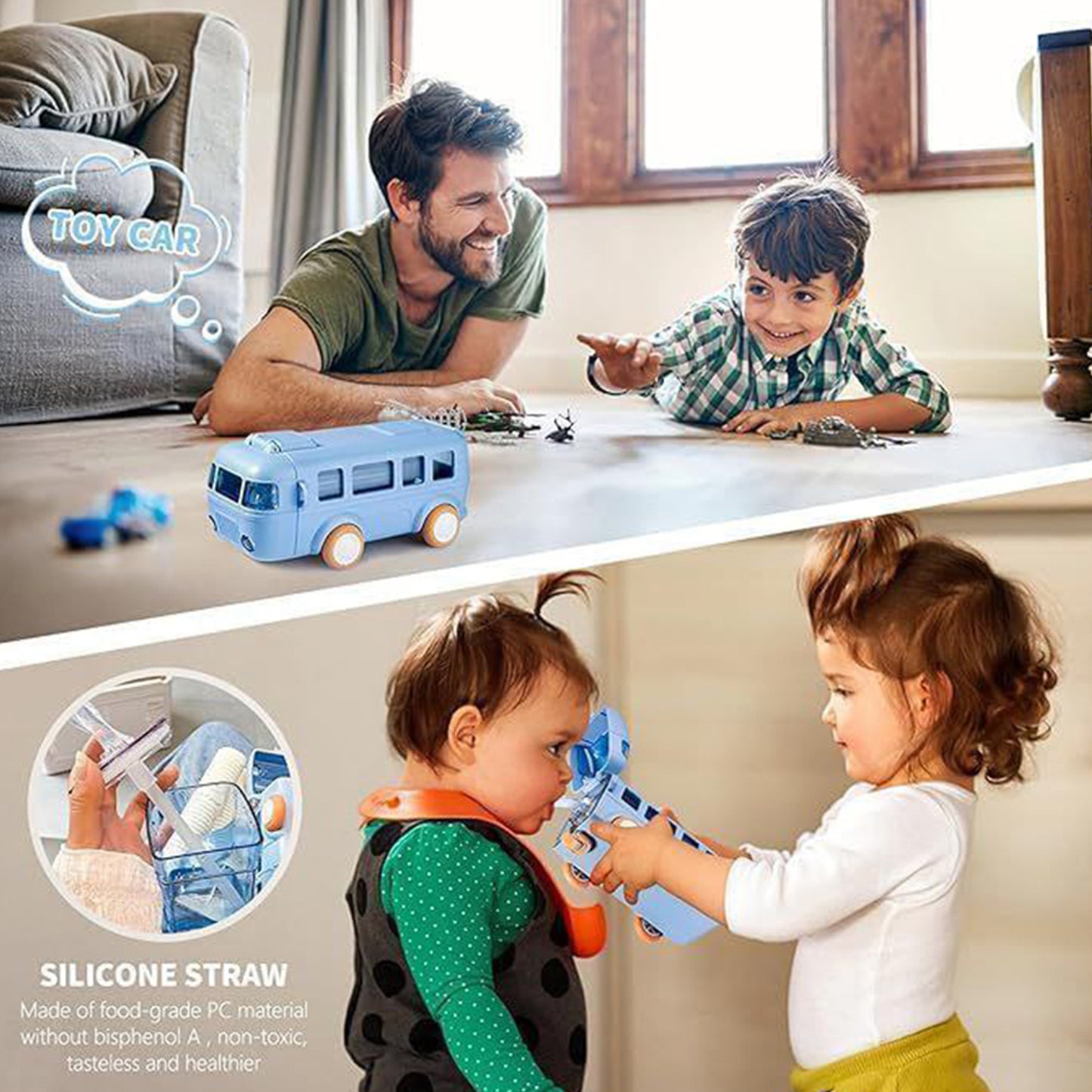 Bus Shape Kids Water Bottle With Straw, Leakproof Kids Toys